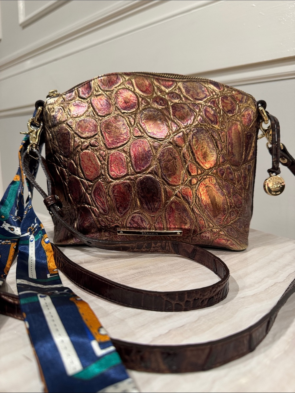 Brahmin Bag Supernova Melbourne Lorelei Bronze Metallic Croc-Embossed Crossbody - Picture 5 of 17